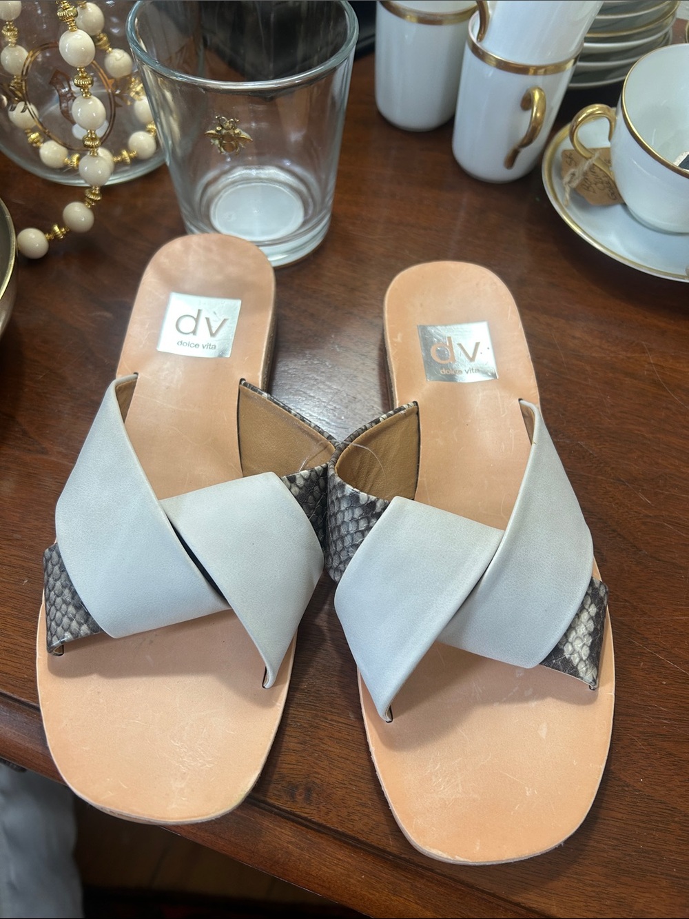 Dolce Vita White & Snake-Print Crossover Slide Sandals